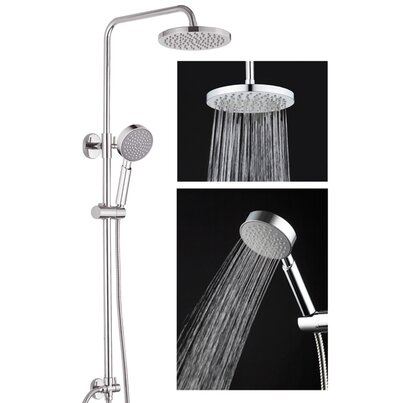 Shower column that consists of an stainless steel tube, a round shaped rain overhead and Ø10 cm anti-lime hanshower.