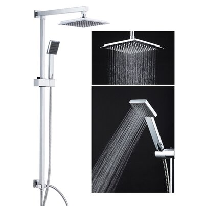 Shower column that consists of an stainless steel tube, a square shaped rain overhead and square anti-lime hanshower.