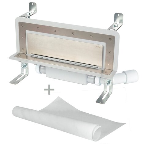 Accessible wall slot channel with 30 mm trap. With geo-textile water tightening fabric.  Lateral orientable outlet