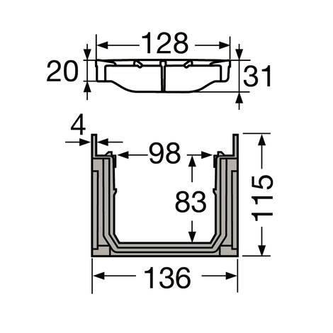 Channel with composite grate - B125 - L100 int/130 ext Connecto Channel with composite grate - B125 - L100 int/130 ext Connecto